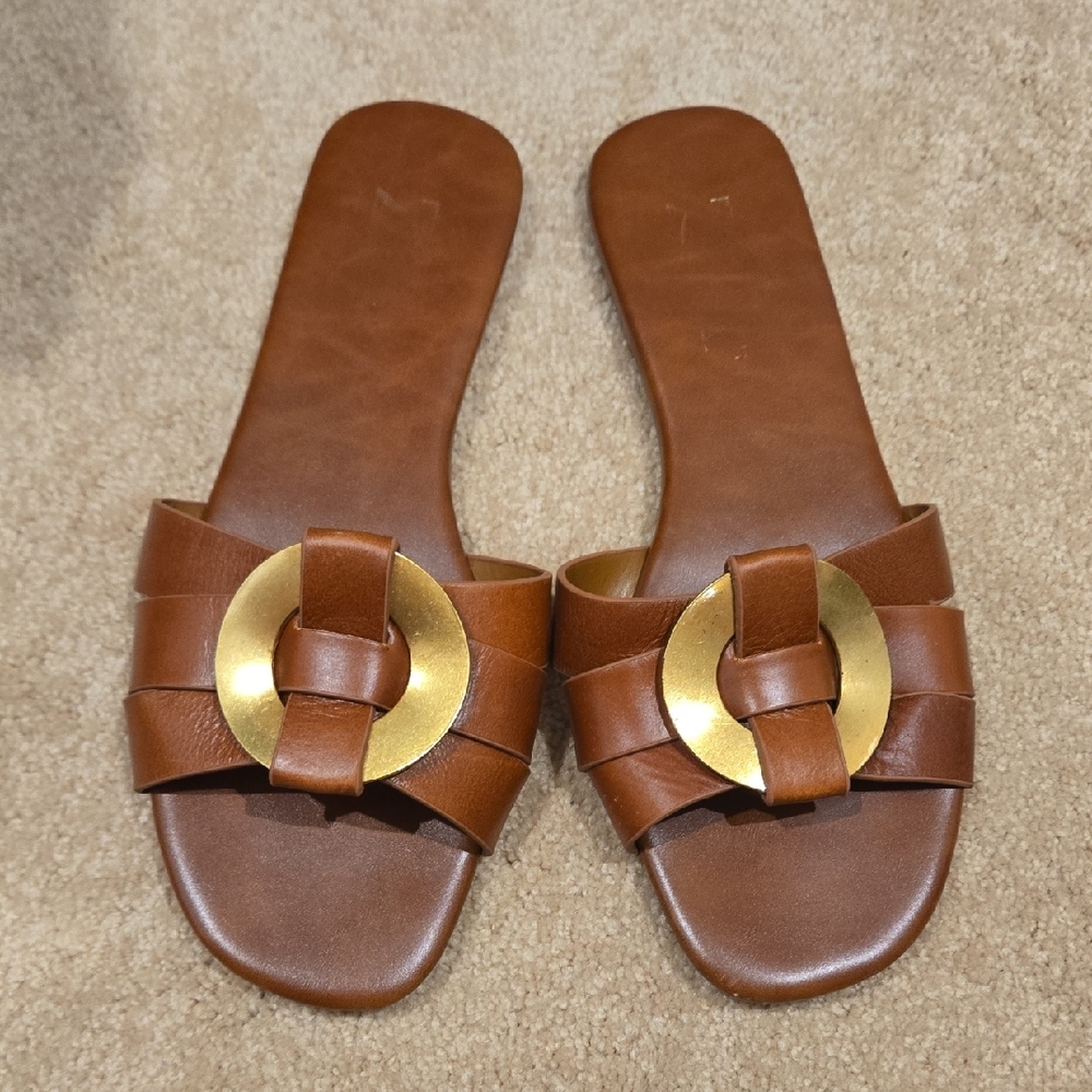 Zara Brown Leather Slide Sandals with Gold Accent Size 37